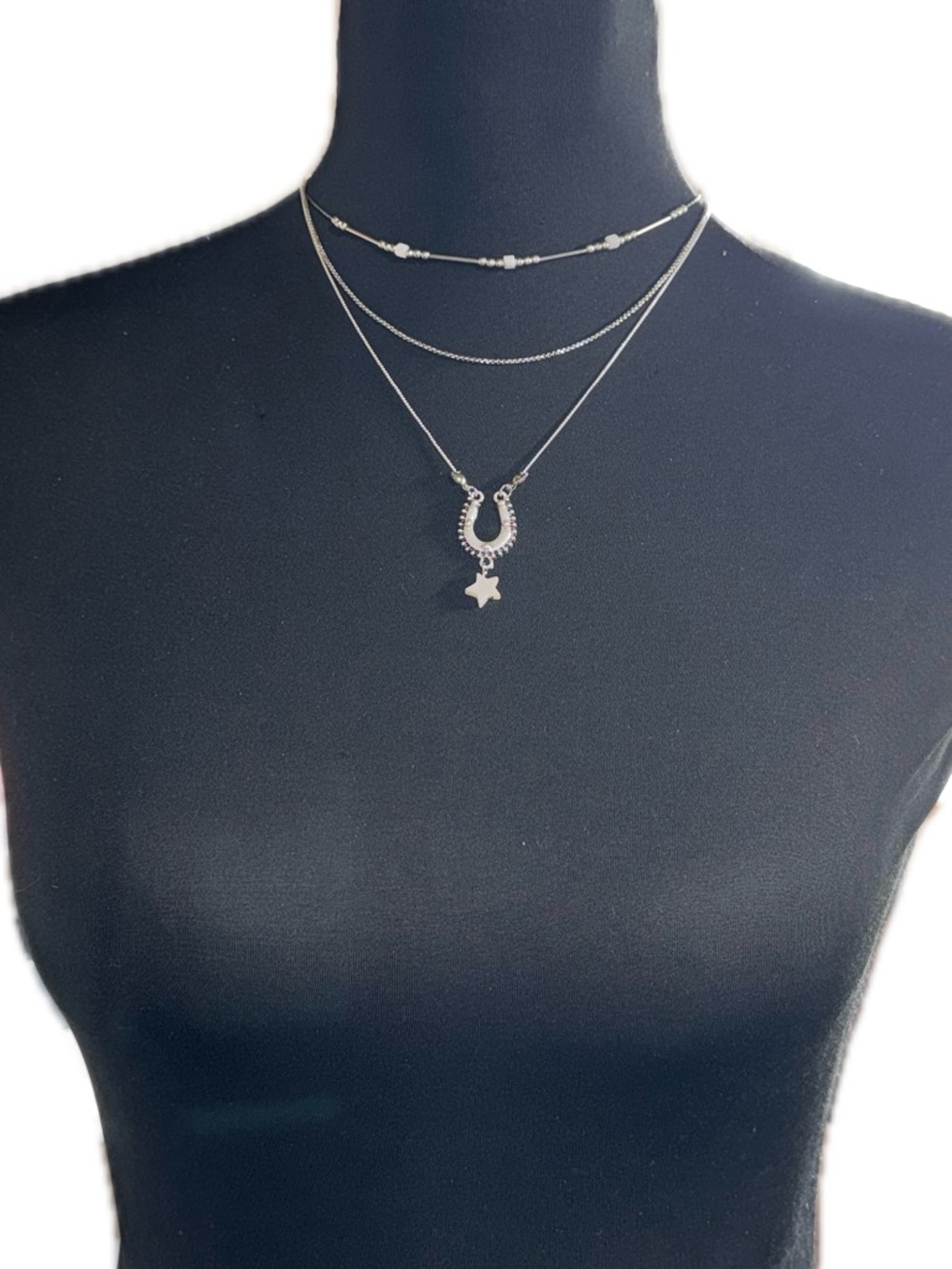 Layered Silver Horseshoe & Star Necklace - Silver - Picture 4 of 5